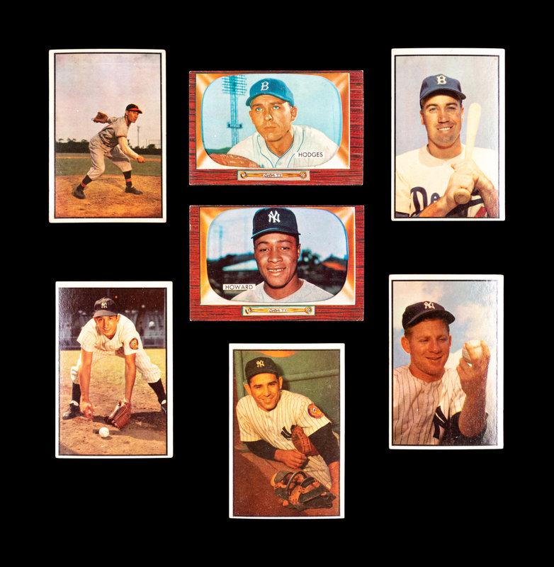 A Group of Seven 1950s Bowman Baseball Cards Including Multiple Hall of Famers: A Group of Seven 1950s Bowman Baseball Cards Including Multiple Hall of Famers comprising 1953: Bob Feller (No. 114), Duke Snider (No. 117), Billy Martin (No. 118), Yogi Berra (No. 121) and Whitey For