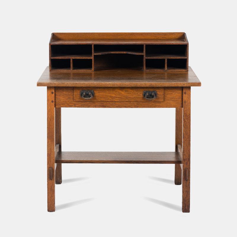 Arts and Crafts American, Early 20th Century Writing Desk: Arts and Crafts American, Early 20th Century Writing Desk oak, iron H 38 1/4 x W 36 x D 24 inches. Size H 38 1/4 x W 36 x D 24 inches. Condition desk height 29 3/4 inch