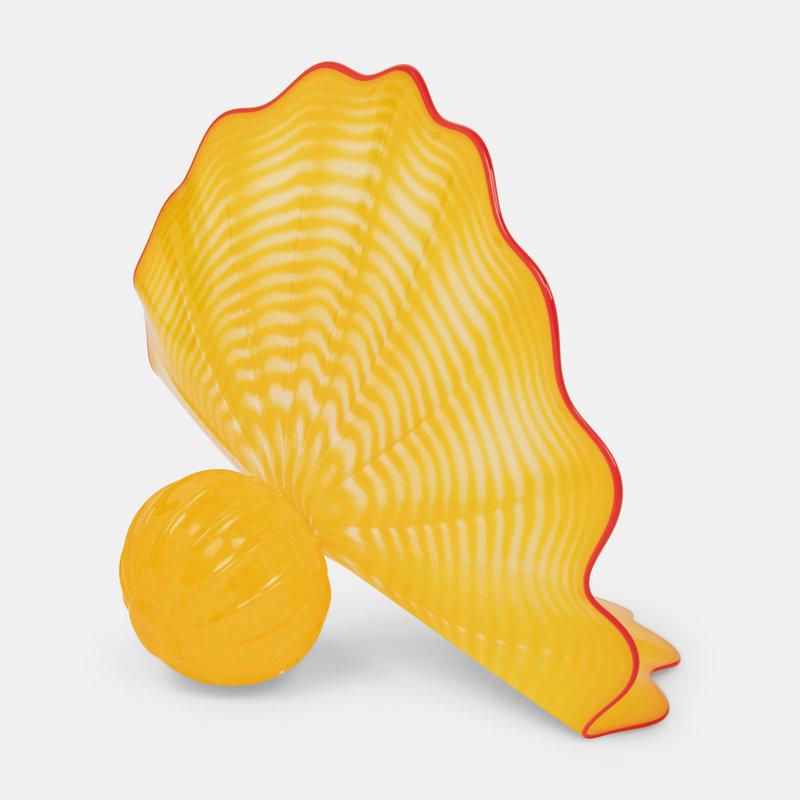 Dale Chihuly (American, b. 1941) Yellow Persian Seaform with Red Lip Wrap, 1996Portland Press Editio: Dale Chihuly (American, b. 1941) Yellow Persian Seaform with Red Lip Wrap, 1996 Portland Press Editions, USA blown glass signed 'Chihuly PP96' H 9 x W 12 D 8 1/2 inches. Size H 9 x