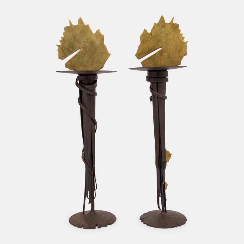 Albert Paley (American, b. 1944) Pair of Sunrise Candleholders, 1993designed for the American Ballet: Albert Paley (American, b. 1944) Pair of Sunrise Candleholders, 1993designed for the American Ballet Theateredition 20/50 forged and fabricated steel, brass signed Height: 22 inches. Prop