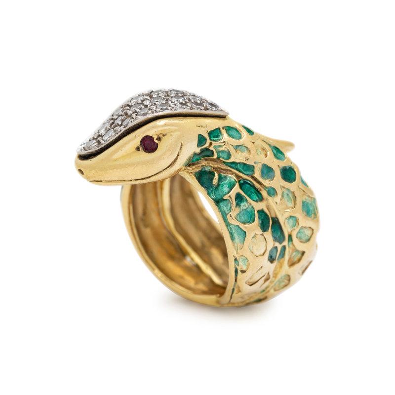BORIS LEBEAU, ENAMEL, DIAMOND AND RUBY SNAKE RING (1 of 4)