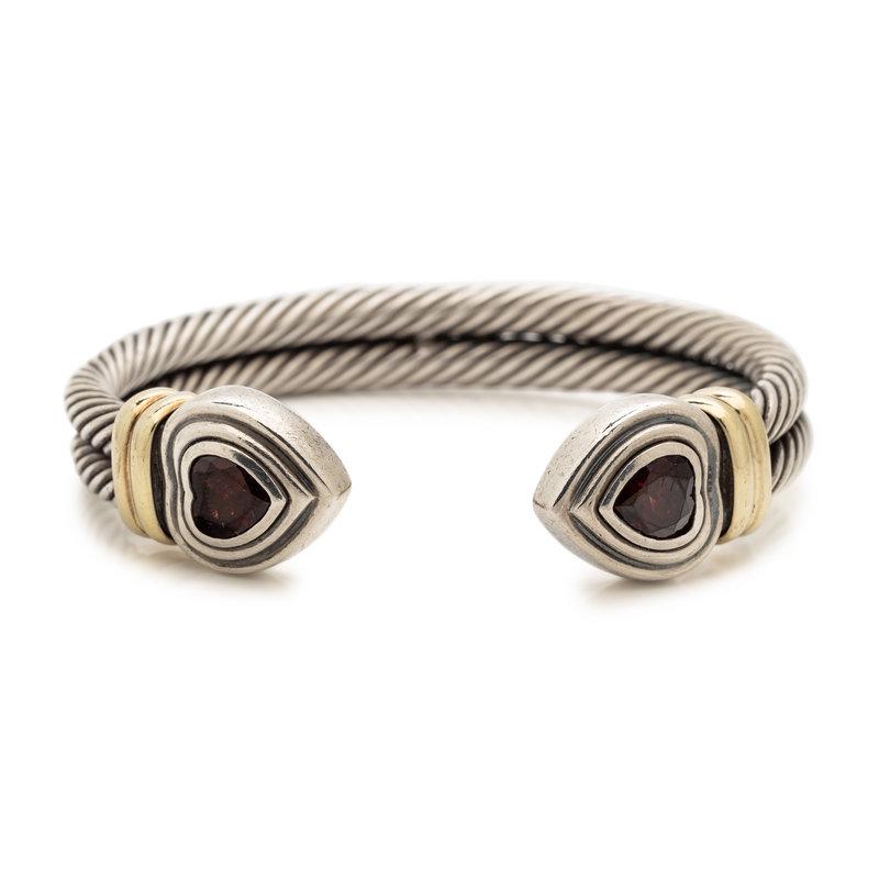 DAVID YURMAN, STERLING SILVER, YELLOW GOLD AND GARNET 'DOUBLE CABLE HEART' CUFF BRACELET (1 of 3)