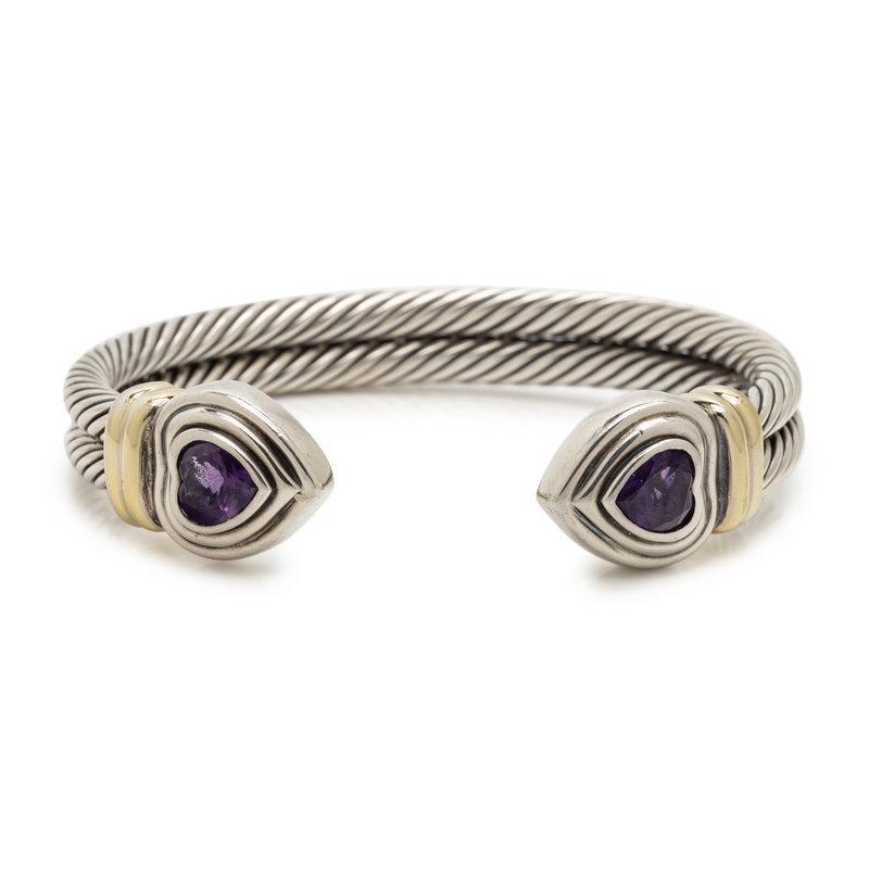 DAVID YURMAN, STERLING SILVER, YELLOW GOLD AND AMETHYST 'DOUBLE CABLE HEART' CUFF BRACELET (1 of 3)