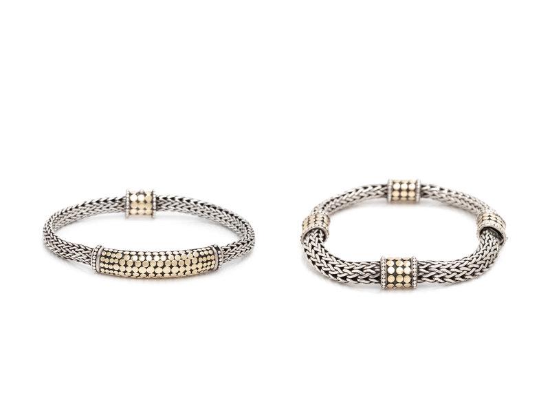 COLLECTION OF JOHN HARDY, STERLING SILVER AND YELLOW GOLD BRACELETS: COLLECTION OF JOHN HARDY, STERLING SILVER AND YELLOW GOLD BRACELETS Consisting of two braided link bracelets with station details. 7 1/4 inches long.Stamp: (maker's mark) 925 18K.Gross weight: 41
