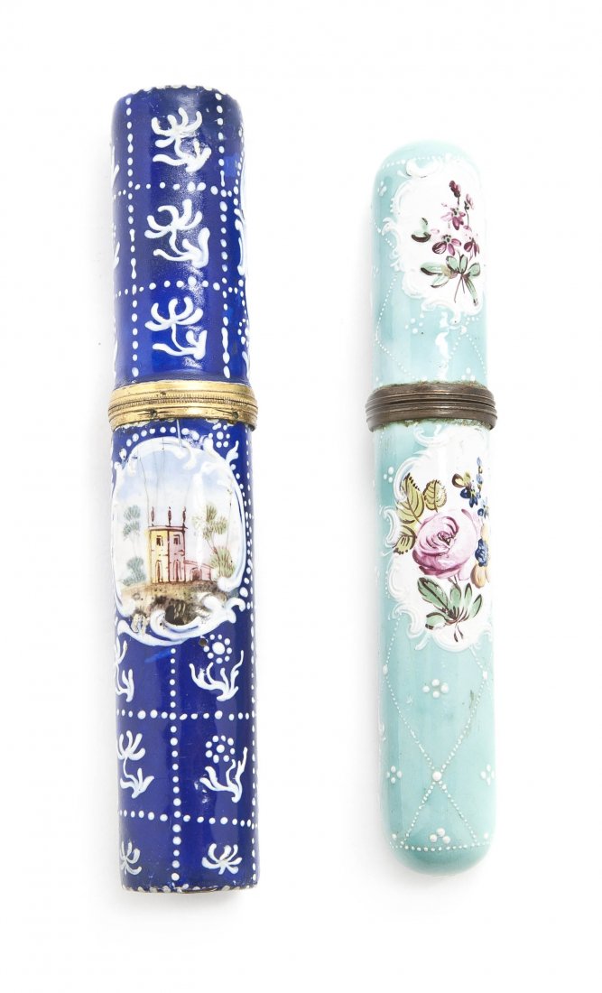 Two Continental Enameled Needle Cases, Length of l: Two Continental Enameled Needle Cases, each of cylindrical form, the first decorated with architectural views on a blue ground the second with floral decoration on a green ground. Length of longer 5 1