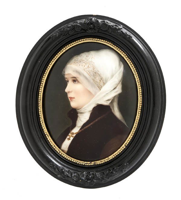 A Berlin (K.P.M.) Porcelain Portrait Plaque, Heigh: A Berlin (K.P.M.) Porcelain Portrait Plaque, of oval form, depicting a woman with scarf and cross, impressed with sceptre mark, KPM, set in a parcel gilt frame. Height 11 3/4 inches.