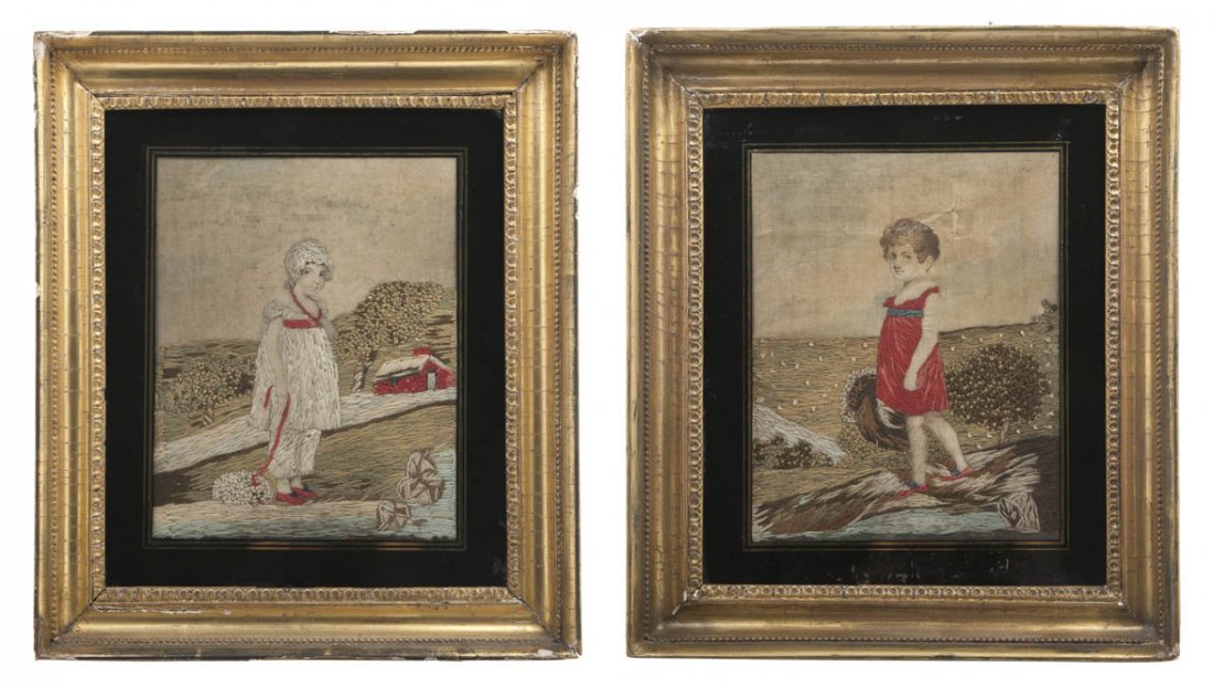 A Pair of English Needlepoint Portraits, Height 9: A Pair of English Needlepoint Portraits, 18th/19th century, depicting a boy and a girl, framed. Height 9 1/2 x width 7 1/2 inches. Property from the Estate of Helen Mouzakeotis, Winnetka, Illinois