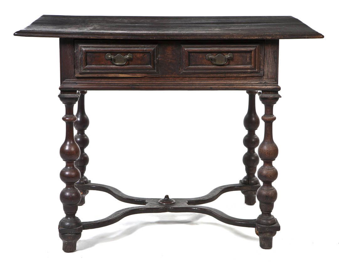 A Renaissance Revival Occasional Table, Height 25: A Renaissance Revival Occasional Table, having a rectangular top over two drawers, raised on baluster legs joined by baluster form stretchers. Height 25 1/2 x width 34 x depth 22 inches. Property from