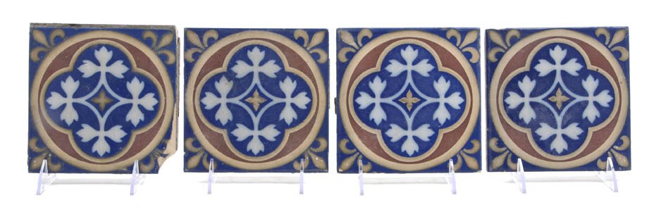 A Set of Four Minton Ceramic Tiles, Height 6 x wid: A Set of Four Minton Ceramic Tiles, having stylized floral patterns in shades of brown, tan, white and blue, each marked Minton & Co. Patent Stoke upon Trent 23 to the reverse. Height 6 x width 6 inch
