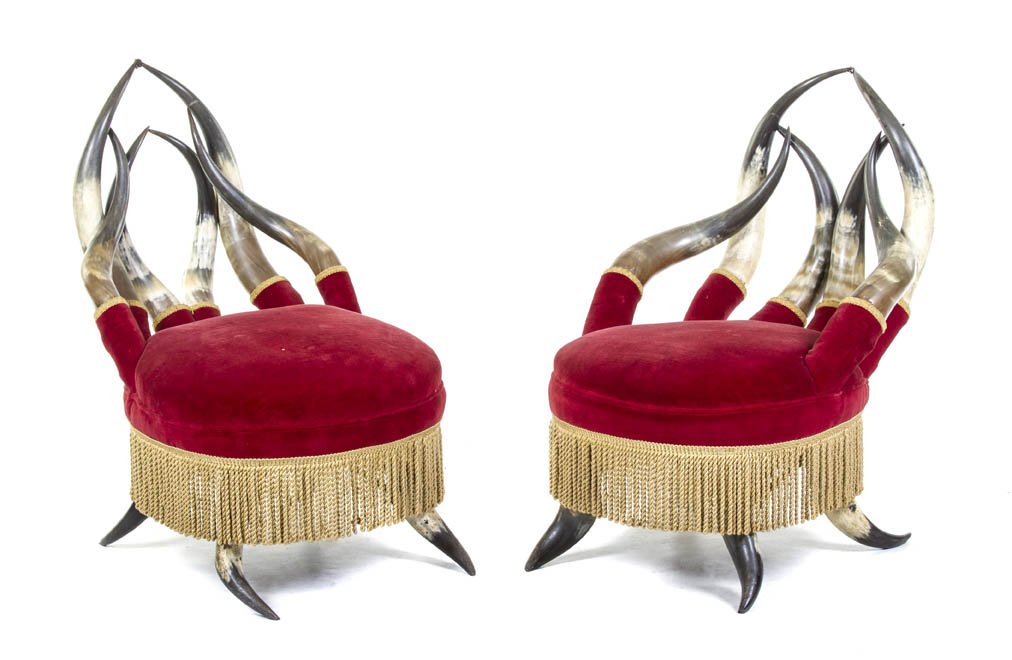 A Pair of Victorian Style Horn Slipper Chairs, Hei: A Pair of Victorian Style Horn Slipper Chairs, each of steer horn construction with upholstered seats. Height 31 3/4 inches.