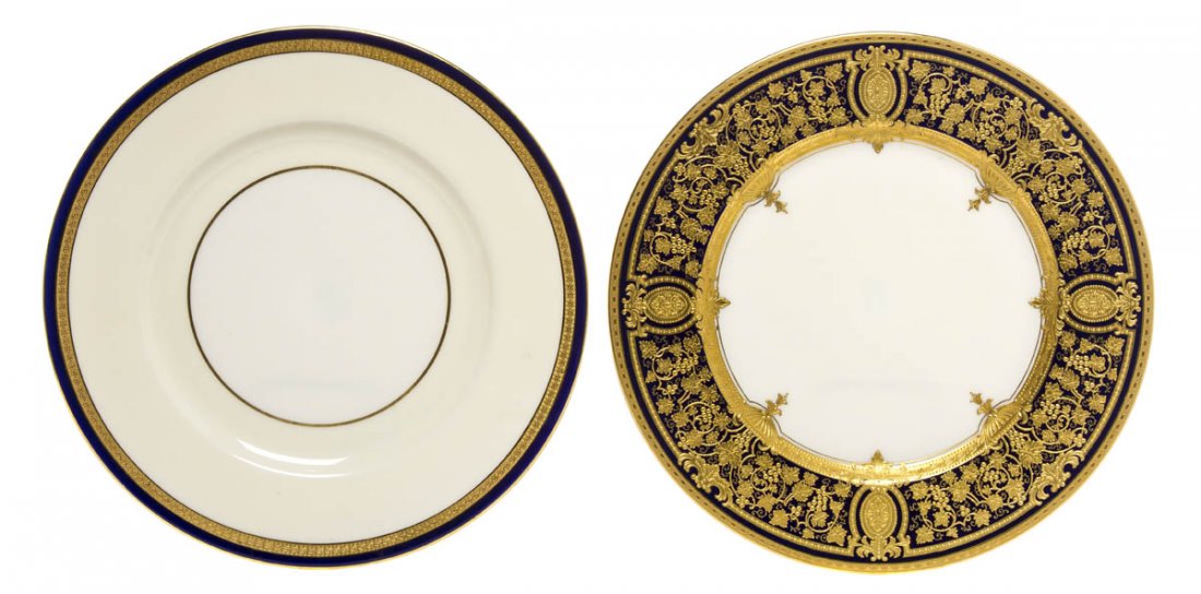 A Set of Lenox Service and Dinner Plates, retailed: A Set of Lenox Service and Dinner Plates, retailed by Marshall Field & Co., twelve of each with cobalt and gilt decoration; 24 items total. Diameter of first 10 3/8 inches.
