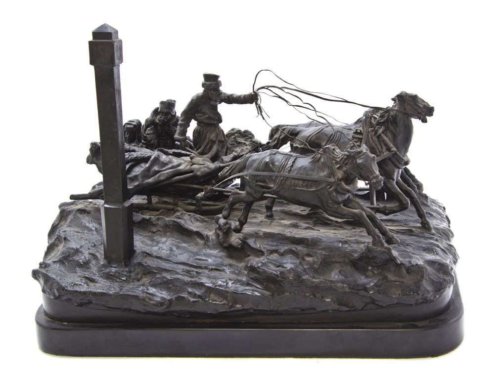A Russian Bronze Figural Group, after Vassili Yaco: A Russian Bronze Figural Group, after Vassili Yacovlevich Grachev (1831-1905), The Milepost, depicting a troika scene with an izvozchik and two passengers in a sleigh being pulled by three horses past