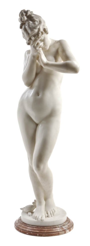An Italian Marble Sculpture, Height 33 1/2 inches: An Italian Marble Sculpture, depicting Psyche in a standing mourning position with an oil lamp and dagger at her feet, raised on a circular base, further set on a rouge marble plinth. Height 33 1/2 in