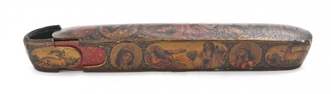 A Persian Lacquered Wood and Papier Mache Pen Box: A Persian Lacquered Wood and Papier Mache Pen Box, of elongated ovoid form, depicting images of gentlemen and goats within a black reserve, with stylized foliate gilt accents throughout. Length 8 7/8 