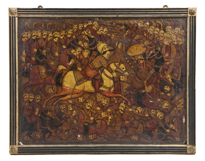 A Persian Lacquered Painting on Board, Height 14 : A Persian Lacquered Painting on Board, likely 18th century, depicting a male figure on horseback leading soldiers into battle, with stylized geometric border, set in a parcel gilt and ebonized wood fr