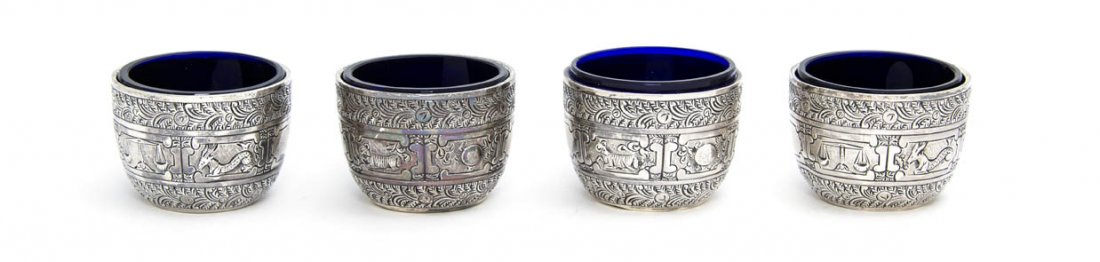 A Set of Four English Silver Salts, Charles Stuar: A Set of Four English Silver Salts, Charles Stuart Harris, London, 1884, with cobalt liners; approximate total weighable 2.66 ozt. Diameter 2 1/4 inches. Property from the Estate of Helen Mouzakeotis,