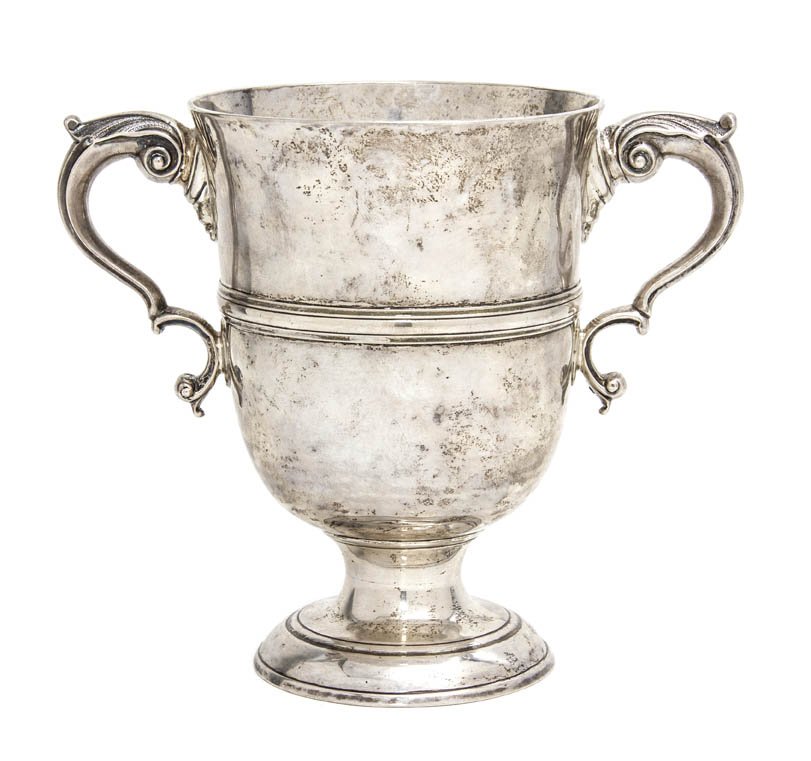An Irish Silver Chalice, Height 5 3/4 inches.: An Irish Silver Chalice, Dublin, maker's mark of BD, of baluster, double handled form; approximate weight 13.40 ozt. Height 5 3/4 inches.