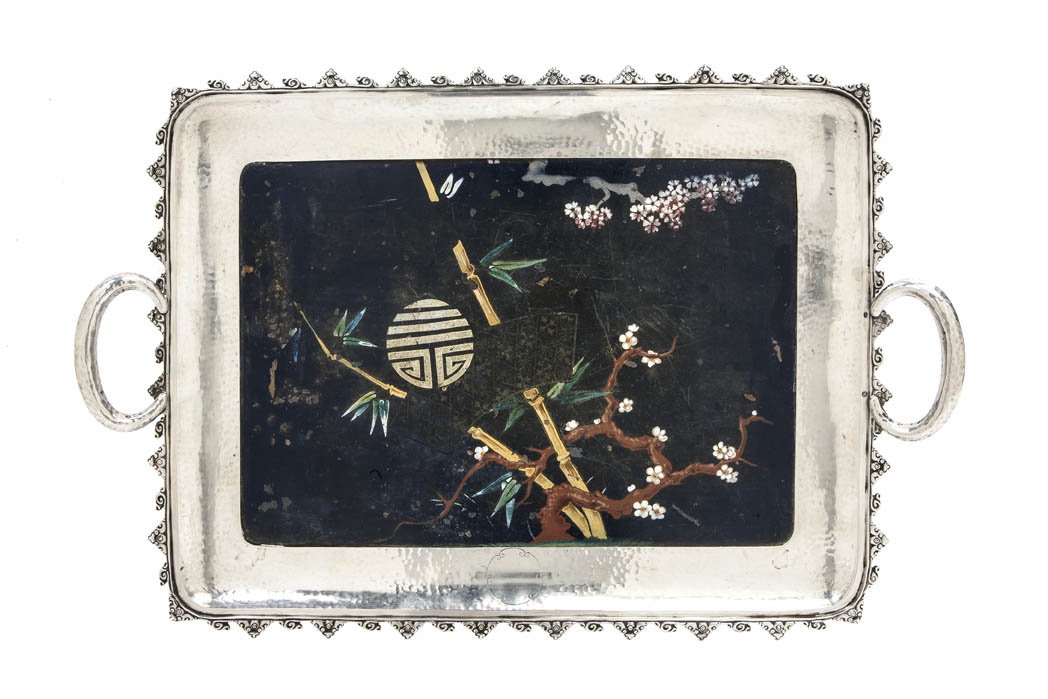 An Austro-Hungarian Silver Mounted Chinese Lacque: An Austro-Hungarian Silver Mounted Chinese Lacquered Tray, of rectangular handled form the silver mounts with scroll decorated edges, the central plaque decorated with bamboo and flowering branches, m