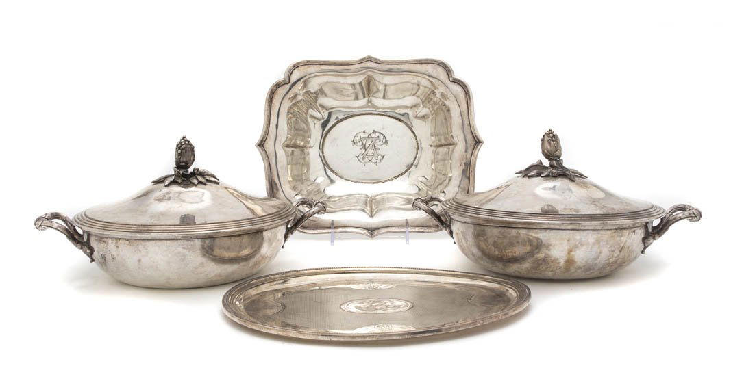 A Collection of Four Christofle Silverplate Artic: A Collection of Four Christofle Silverplate Articles, comprising two covered entree dishes, a bowl and a tray. Width over handles of largest 11 1/4 inches. Property from the Estate of Helen Malamides