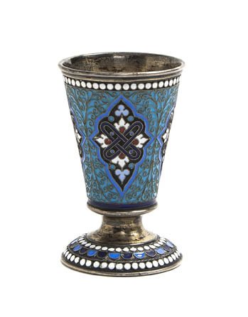 A Russian Silver and Enameled Cup, Height 2 5/8 x: A Russian Silver and Enameled Cup, having assay mark of Vilnius AA 1890, with floral and geometric enamel design in blue with white beaded border; approximate weight 1.74 ozt. Height 2 5/8 x diameter 
