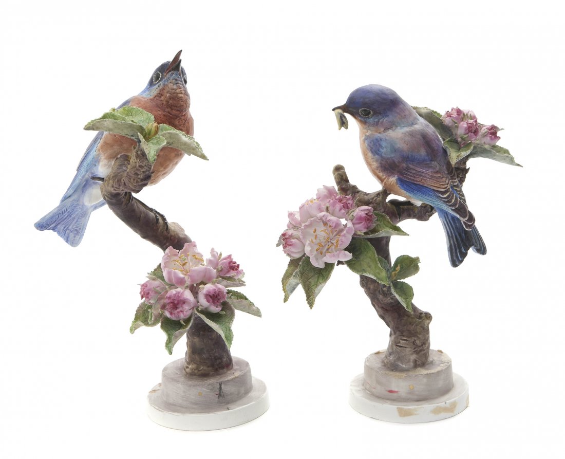 A Pair of Royal Worcester Dorothy Doughty Birds, : A Pair of Royal Worcester Dorothy Doughty Birds, Bluebird, perched on apple blossoms. Height 9 inches.