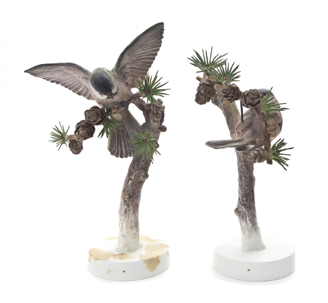 A Pair of Royal Worcester Dorothy Doughty Birds, : A Pair of Royal Worcester Dorothy Doughty Birds, Chickadee, perched on larch branches. Height 10 inches.
