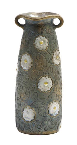 An Austrian Art Nouveau Ceramic Vase, Amphora, He: An Austrian Art Nouveau Ceramic Vase, Amphora, of tapering handled form with allover foliate decoration, having crown mark, number 11648/64. Height 7 3/4 inches.