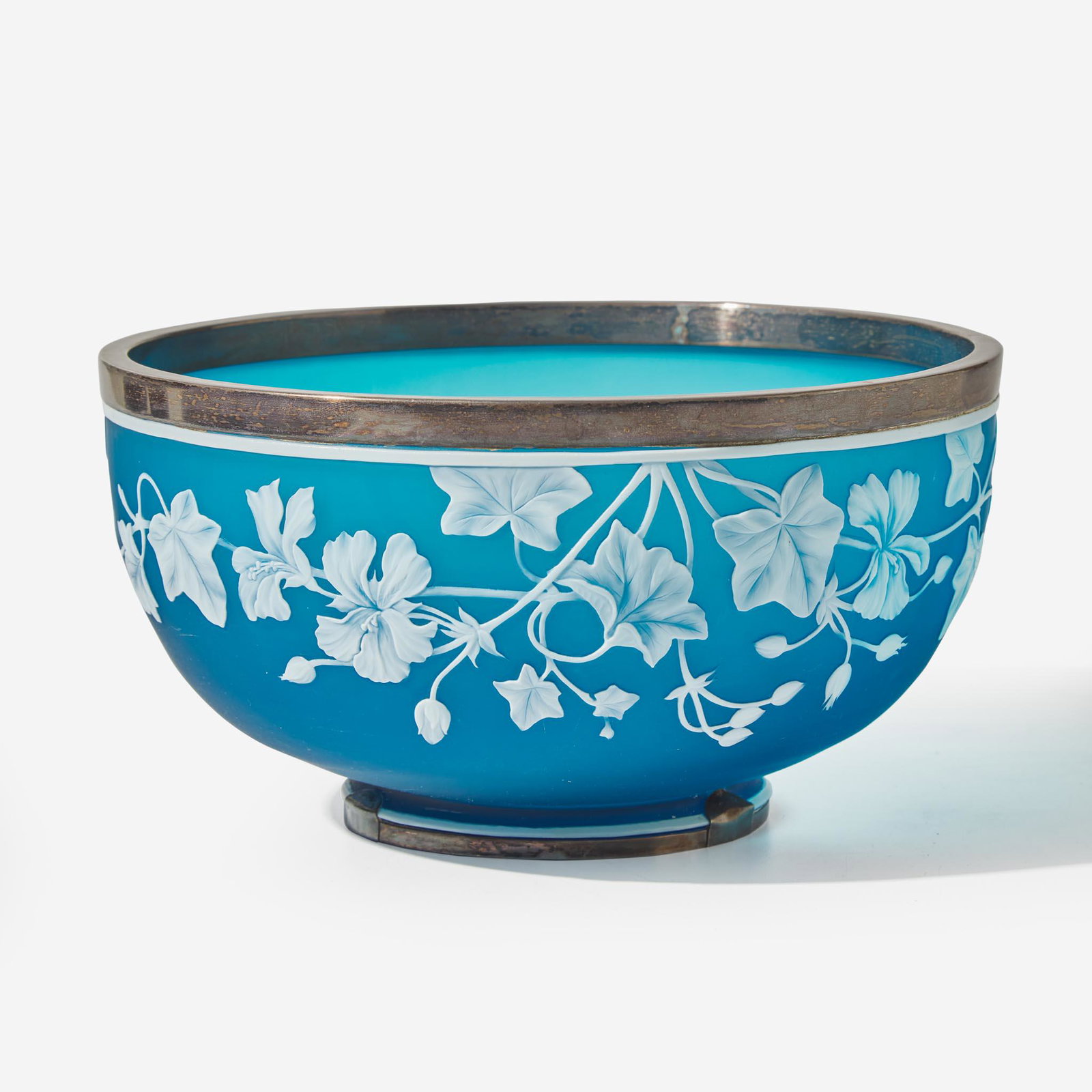 An English sterling silver-mounted cameo glass bowl Thomas Webb & Sons, London, 1901: An English sterling silver-mounted cameo glass bowl Thomas Webb & Sons, London, 1901 The bowl decorated with morning glory vine and butterfly, marked to underside, "Thomas Webb & Sons/ Cameo," the