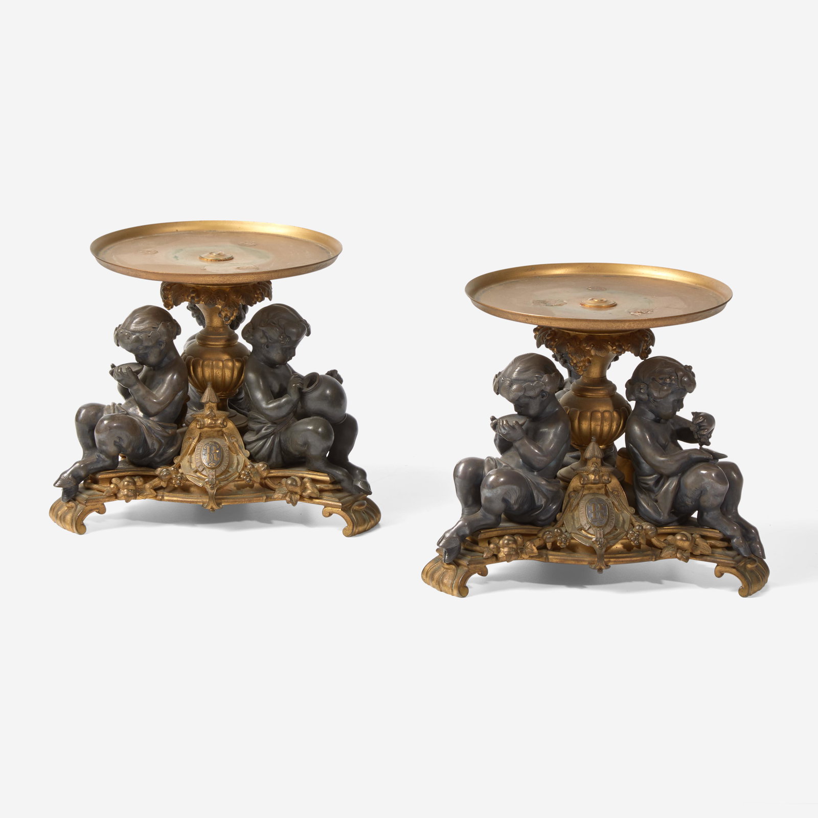 A pair of French Napoleon III patinated and gilt bronze tazza with fauns Bearing marks for Henri Pic (1 of 4)