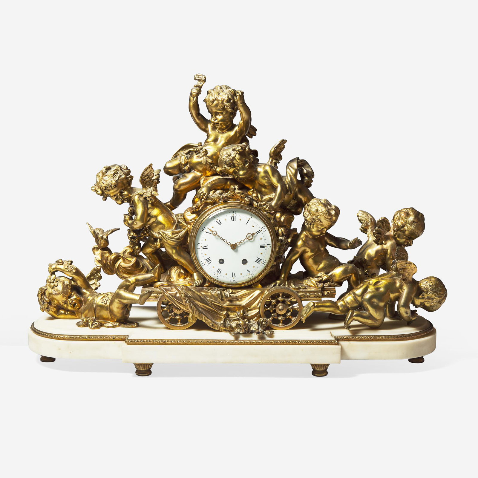 A French Louis XVI style gilt bronze and white marble figural mantel clock Imported by Harris & (1 of 3)