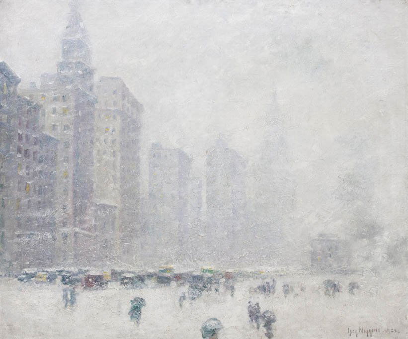 Guy Carleton Wiggins, (American, 1883-1962), A Chic: Guy Carleton Wiggins (American, 1883-1962) A Chicago Blizzard, 1923 oil on board signed Guy Wiggins and dated (lower right) 24 1/4 x 29 1/2 inches. Property from the Collection of Mr.