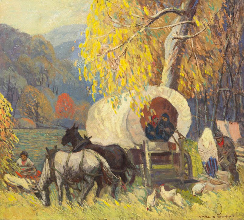 Carl Rudolph Krafft, (American, 1884- 1938), Campin: Carl Rudolph Krafft (American, 1884- 1938) Camping Along the Trail oil on canvas signed Carl R. Krafft (lower right) 18 1/4 x 20 inches.