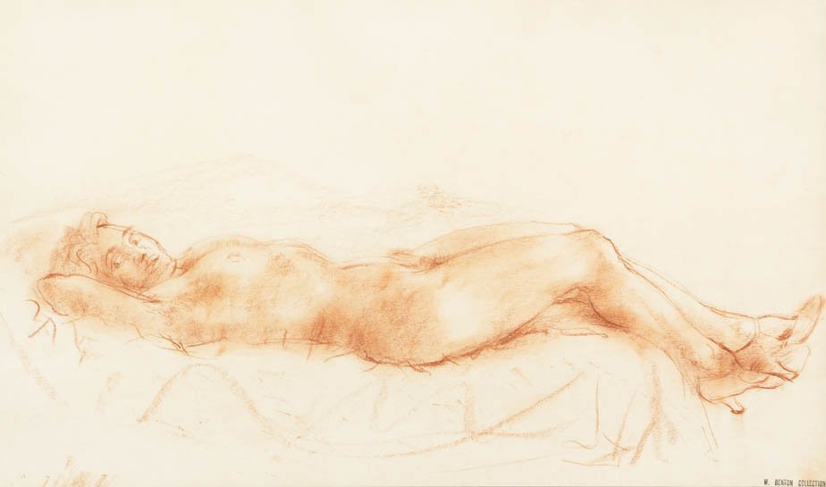 Reginald Marsh, (American, 1898-1954), Reclining N: Reginald Marsh (American, 1898-1954) Reclining Nude red chalk 10 x 16 1/2 inches. Property from the Collection of Mrs. Marjorie and Mr. Charles Benton, Evanston, Illinois Provenance: Senator