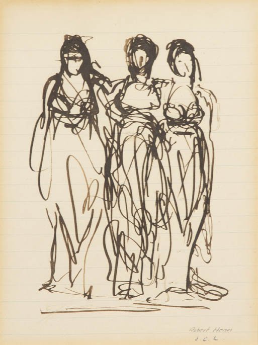 Robert Henri, (American, 1865-1929), Three Graces: Robert Henri (American, 1865-1929) Three Graces ink on paper signed Robert Henri and initialed J.C.L. (lower right) 6 1/2 x 4 3/4 inches. Provenance: Chapellier