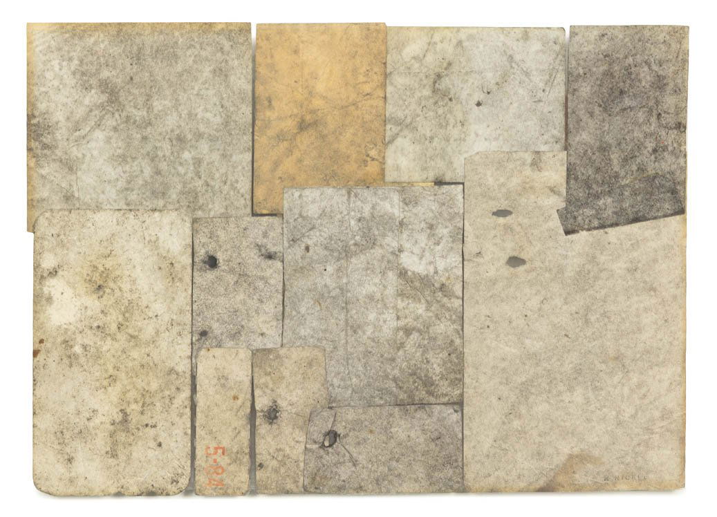 Robert Nickle, (American, 1919-1980), Untitled, 19: Robert Nickle (American, 1919-1980) Untitled, 1962 paper collage on glass stamped R. Nickel (lower right); signed and dated (verso) 8 3/4 x 12 1/2 inches.