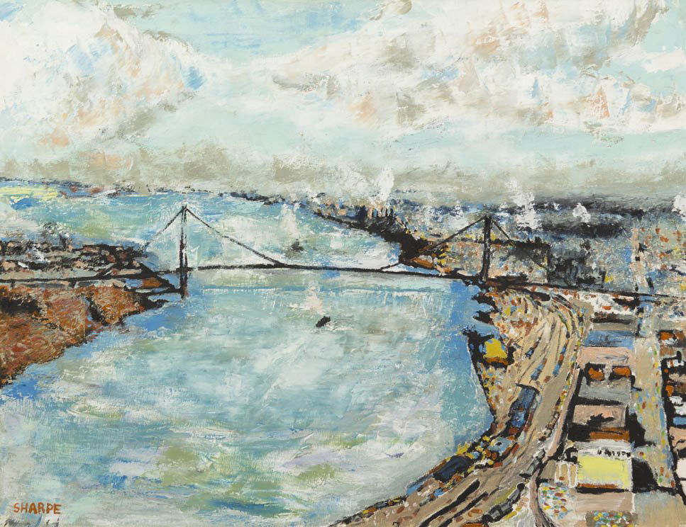 David Sharpe, (American, b. 1936), Ambassador Brid: David Sharpe (American, b. 1936) Ambassador Bridge oil on canvas signed Sharpe (lower left) 22 x 28 inches. Provenance: Carl Hammer Gallery, Chicago, Illinois