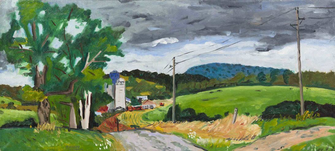 David Sharpe, (American, b. 1936), Country Farm: David Sharpe (American, b. 1936) Country Farm oil on canvas signed Sharpe (lower left) 10 3/4 x 24 inches. Provenance: Carl Hammer Gallery, Chicago, Illinois