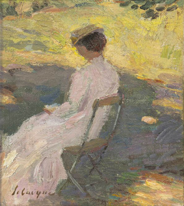 Henri Lebasque, (French, 1865-1937), Jeune Femme A: Henri Lebasque (French, 1865-1937) Jeune Femme Assise dans le Jardin oil on canvas mounted on board signed Lebasque (lower left) 7 x 6 inches.