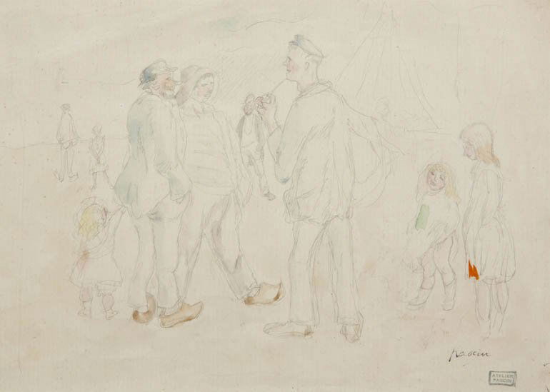 Jules Pascin, (Bulgarian/American, 1885-1930), Har: Jules Pascin (Bulgarian/American, 1885-1930) Harbor Scene watercolor and pencil on paper signed Jules Pascin and stamped Atelier Pascin (lower right) 8 x 11 1/2 inches.