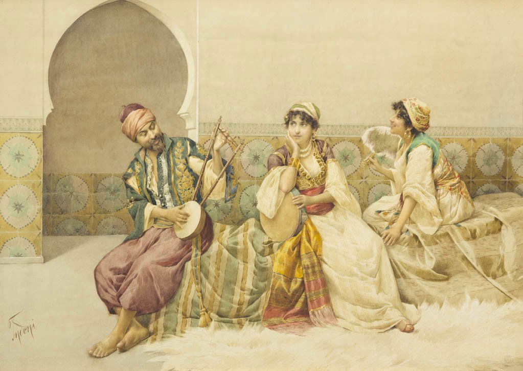 Filippo Indoni, (Italian, ca. 1842-1908), The Ente: Filippo Indoni (Italian, ca. 1842-1908) The Entertainer watercolor signed Indoni (lower left) 21 x 29 1/2 inches.
