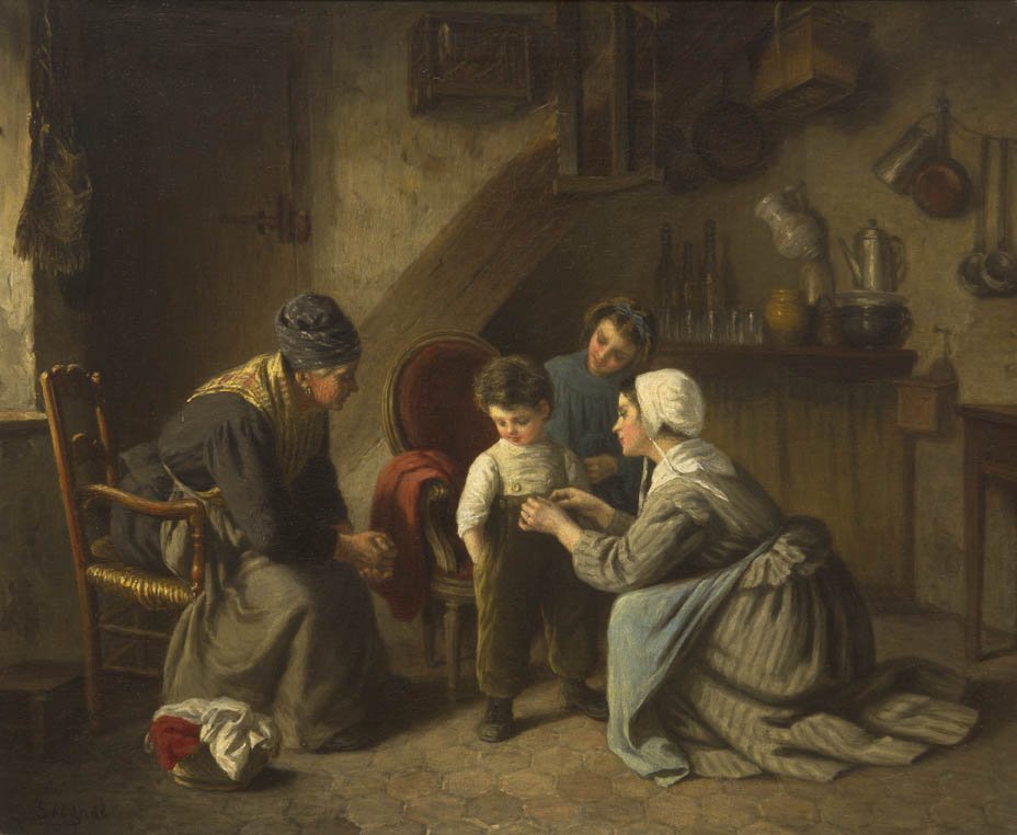 Paul Seignac, (France, 1826-1904), Getting Dressed: Paul Seignac (France, 1826-1904) Getting Dressed oil on panel signed Seignac (lower left) 14 3/4 x 18 inches.