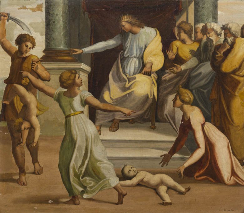 W. Blake, (19th century), The Judgement of Solomon: W. Blake (19th century) The Judgement of Solomon after Raffaello Sanzio oil on canvas board 14 1/4 x 16 1/4 inches.