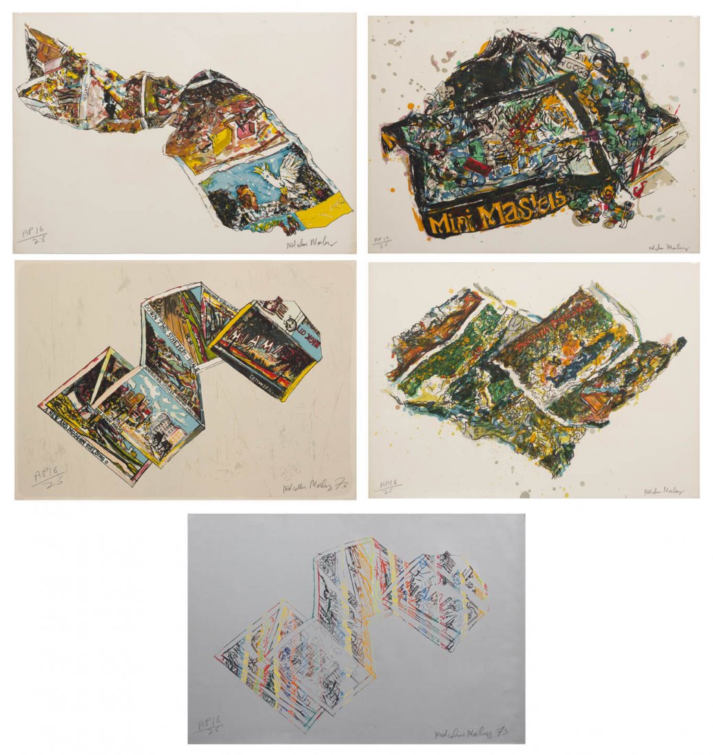 Malcolm Morley, (British, b. 1931), Miami Postcar: Malcolm Morley (British, b. 1931) Miami Postcard, 1973 (a portfolio of five works) lithograph edition AP 16/25, signed Malcolm Morley and dated (lower right) Each: 24 x 34 inches. Pro