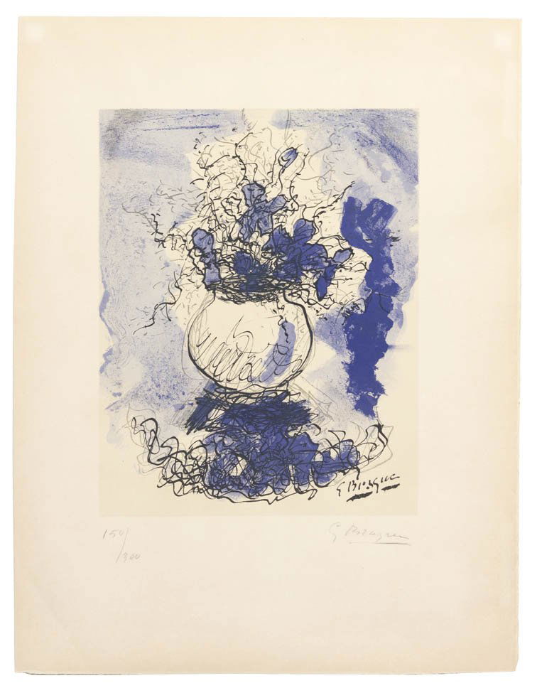 Georges Braque, (French, 1882-1963), Bouquet de f: Georges Braque (French, 1882-1963) Bouquet de fleurs ? l'aquarelle lithograph edition 150/300; signed Georges Braque (lower right) 15 1/2 x 12 1/4 inches. Ref: Maeght, 1025 Propert