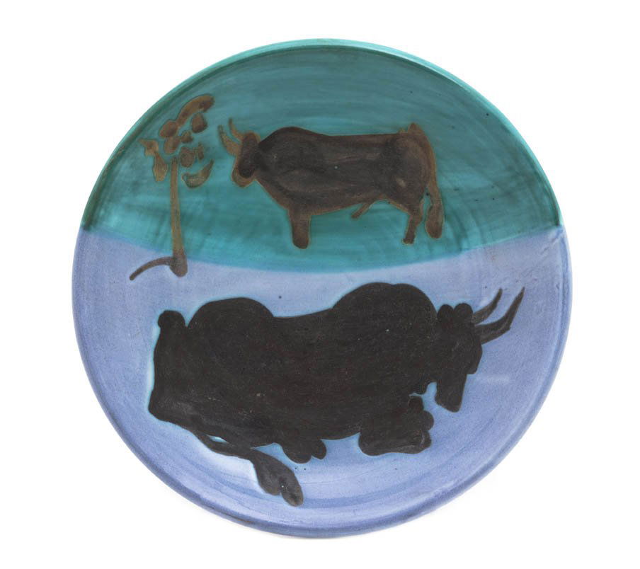 Pablo Picasso, (Spanish, 1881-1973), Toros, 1952: Pablo Picasso (Spanish, 1881-1973) Toros, 1952 glazed ceramic plate edition of 500; stamped Ed. Picasso, Madoura plein feu ed. Diameter: 8 inches. Ref: A. Ramie, 161 Property from