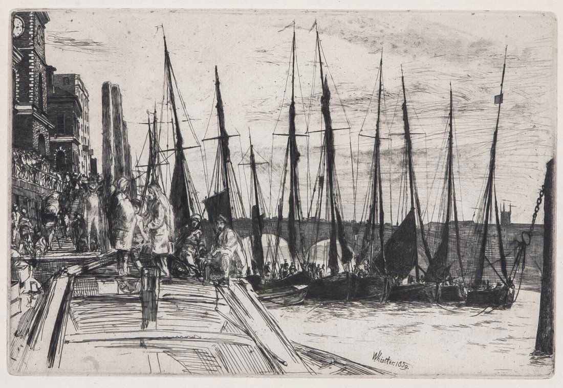 James Abbott McNeill Whistler, (American, 1834-19: James Abbott McNeill Whistler (American, 1834-1903) Billingsgate etching 6 x 8 3/4 inches. Ref: Kennedy, 47 Property from the Collection of Ms. Jill Sherman Meyer, Highland Park, Illinois