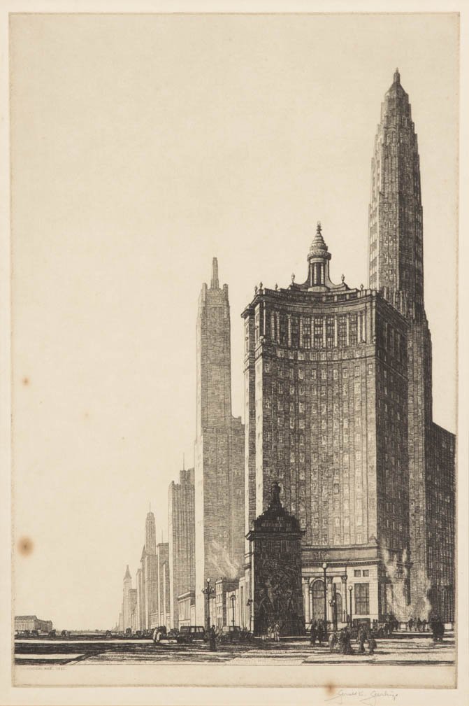 Gerald Kenneth Geerlings, (American, 1897-1998), : Gerald Kenneth Geerlings (American, 1897-1998) The Vertical Mile, 1932 etching signed Gerald K. Geerlings (lower right) 12 1/4 x 9 inches. Property from the Collection of Mrs. Nancy B