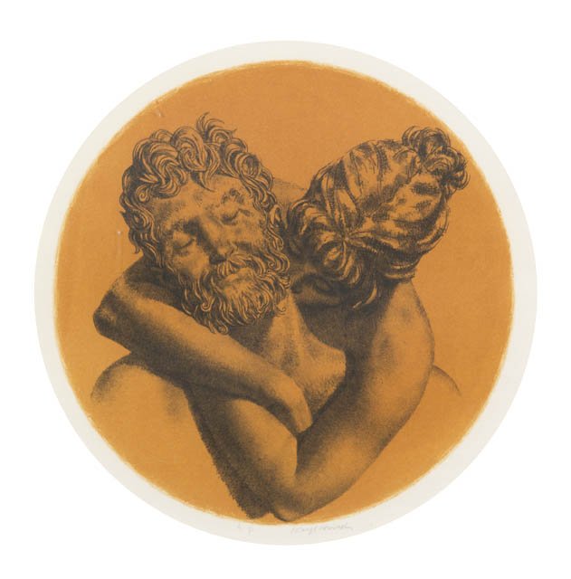 Joseph Hirsch, (American, 1910-1981), Woman Embra: Joseph Hirsch (American, 1910-1981) Woman Embracing Man lithograph edition AP, signed Joseph Hirsch (lower center) Diameter: 11 1/4 inches.