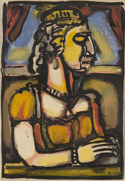 George Rouault, (French, 1871-1958), Dame a la Hu: George Rouault (French, 1871-1958) Dame a la Huppe (from Passion), 1930 aquatint 12 x 8 1/2 inches. Ref: Chapon/Rouault, 269 Property from the Estate of Mr. Vincent Rodriguez, Miami,