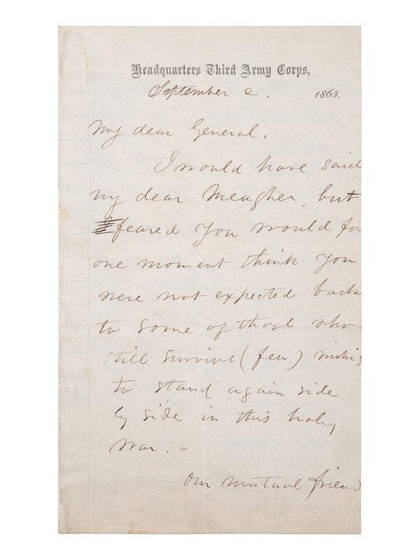 [CIVIL WAR]. ALS to General Thomas Meagher. Headquarters Third Army Corps, 2 September 1863. (1 of 3)